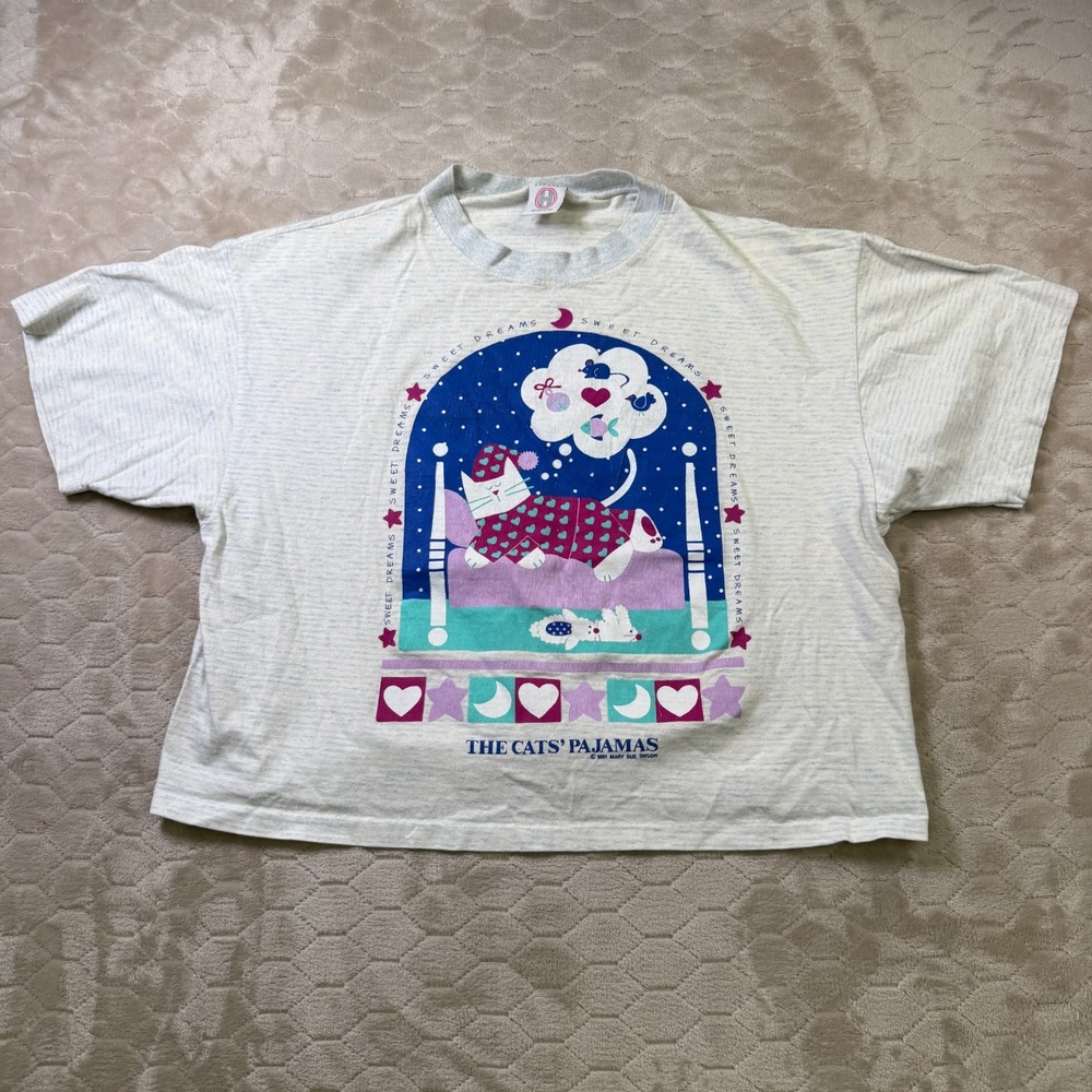 VTG  1991‎ The Cats Pajamas Graphic Shirt Mary Sue Taylor CROPPED Fits M/L Look